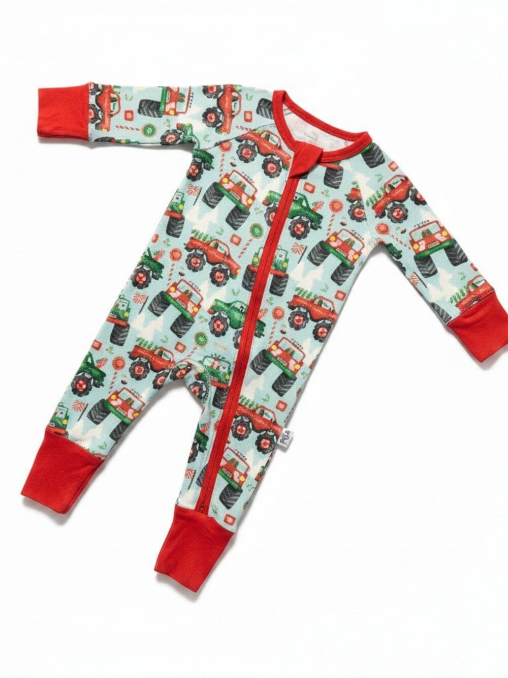 Gigi's Closet Bamboo Monster Truck Christmas Sleeper Romper 0-3M Red Blue GG0325
